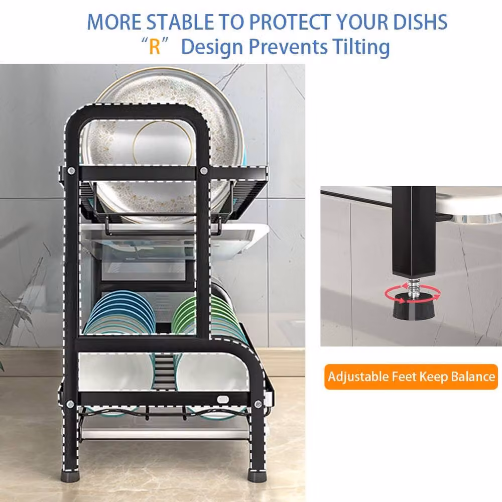 Dprodo 2 Tier Black Coated Steel Dish Drainer Rack, W: 60 cm, D: 42 cm, H: 23 cm – 4