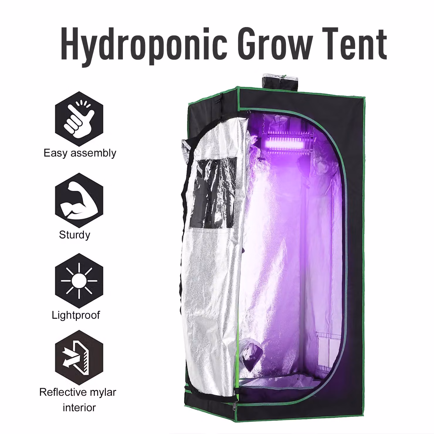 Outsunny Mylar Hydroponic Grow Tent with Floor Tray for Indoor Plants, Black, W/D/H: 60 x 60 x 140 cm – 4