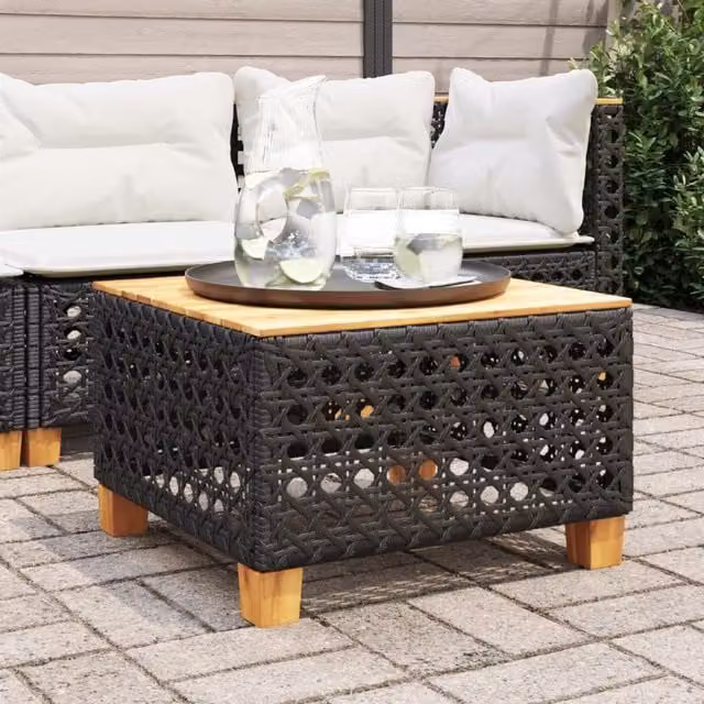 Berkfield Home Black Poly Rattan and Acacia Wood Garden Table, W/D/H: 55 x 55 x 36 cm – 1