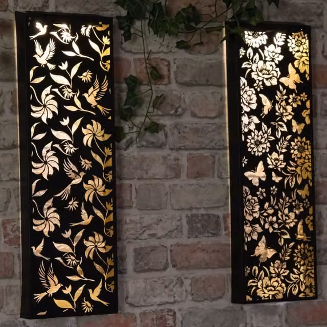 Betley Butterfly Black Metal Solar Garden Wall Panel Light with Warm White Glow