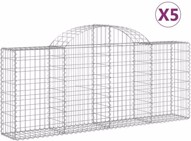 Berkfield Home Arched Gabion Baskets, 5 Piece Set, Silver Galvanised Steel, W: 200 cm, D: 30 cm, H: 80-100 cm