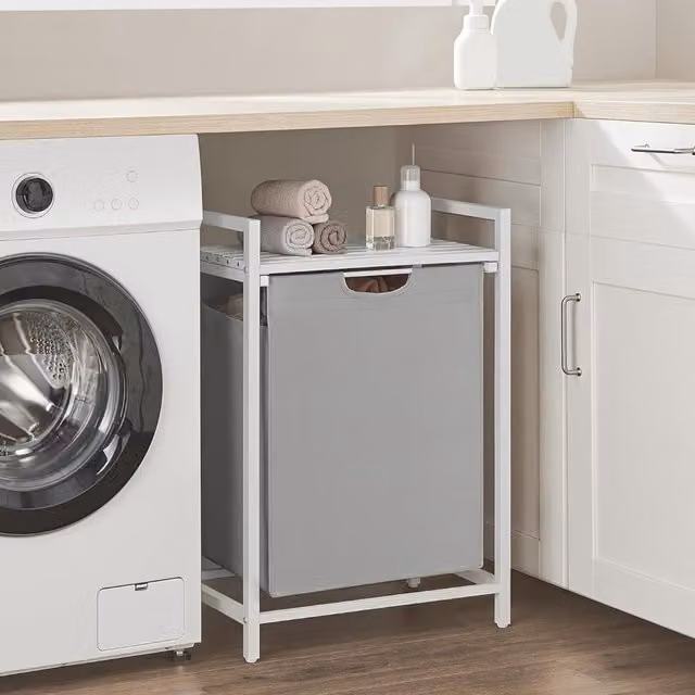 The Bazaarist Compact Laundry Basket with Removable Fabric Bag in Grey and White