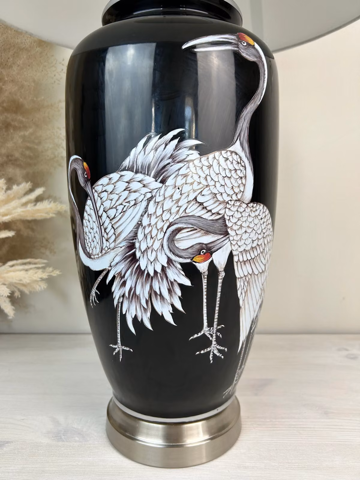 Downton Interiors Black Crane Ceramic Table Lamp with White Fabric Shade – 2