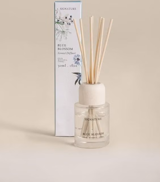 M&S Blue Blossom Mini Reed Diffuser with Floral and Fruity Scent in a Blue Glass Tabletop Design