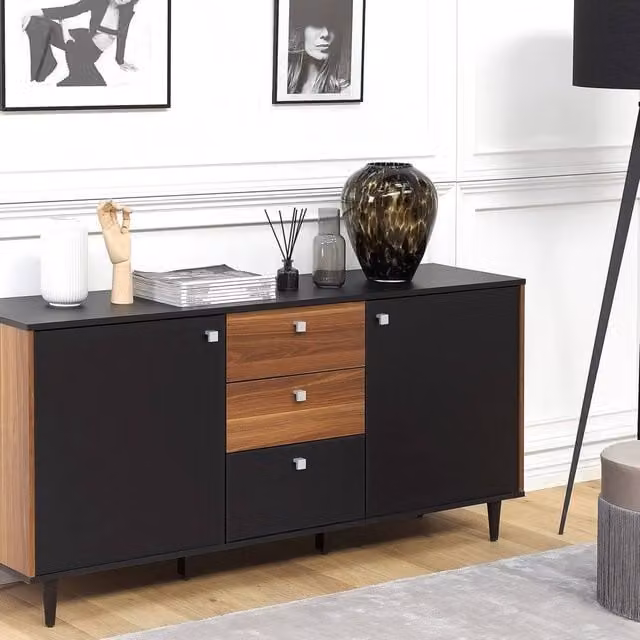 Wyld and Coco Black Sideboard with Dark Wood Panels, 3 Drawers and 2 Doors, W: 160 cm, D: 40 cm