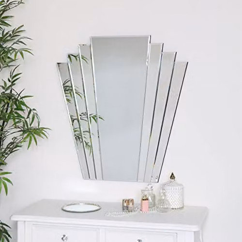 Melody Maison Large Art Deco Fan Frameless Geometric Wall Mirror in Transparent Glass, W: 75 cm, H: 70 cm, D: 1 cm