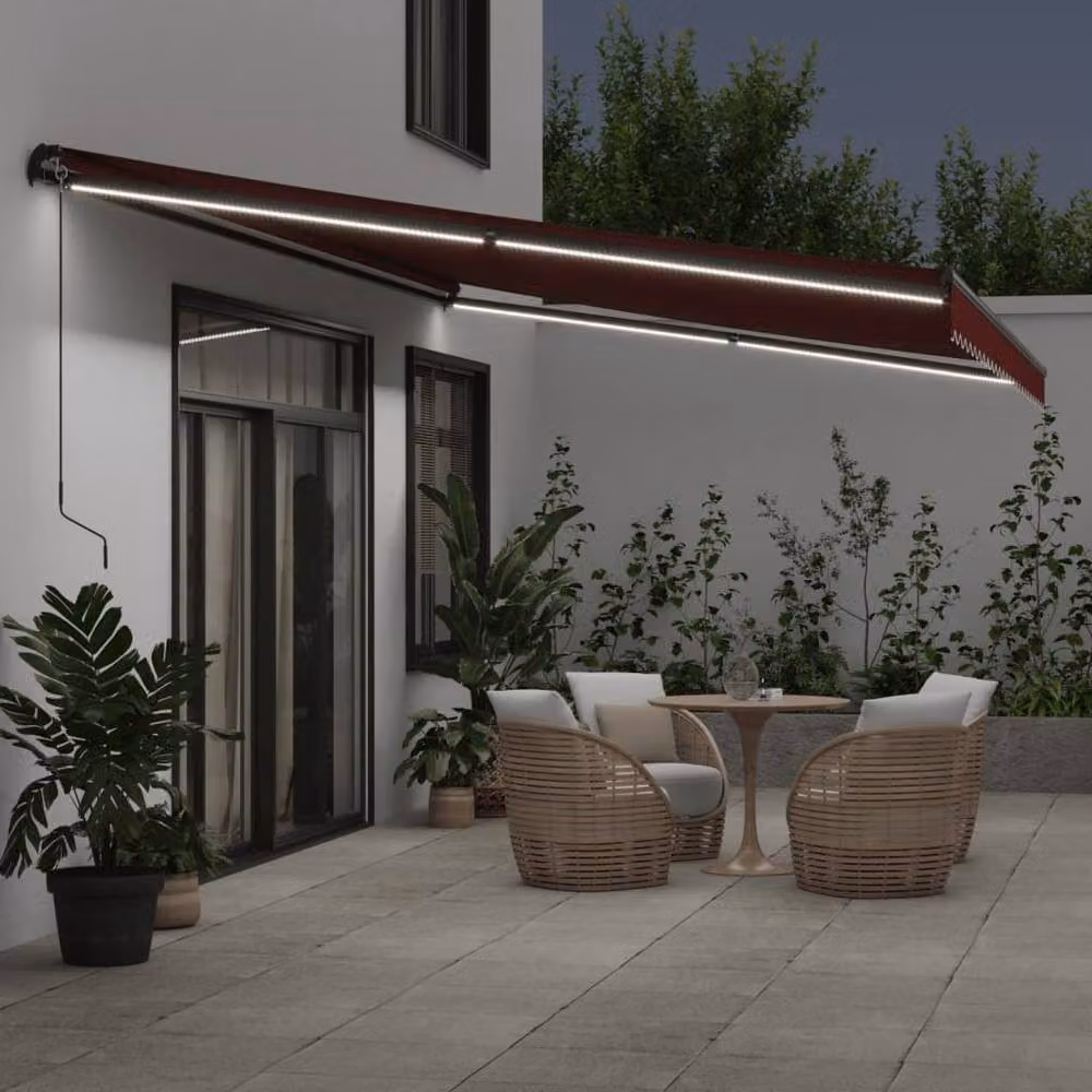 Berkfield Home Manual Retractable Awning with LEDs in Burgundy and Black, W: 500 cm, D: 300 cm – 3