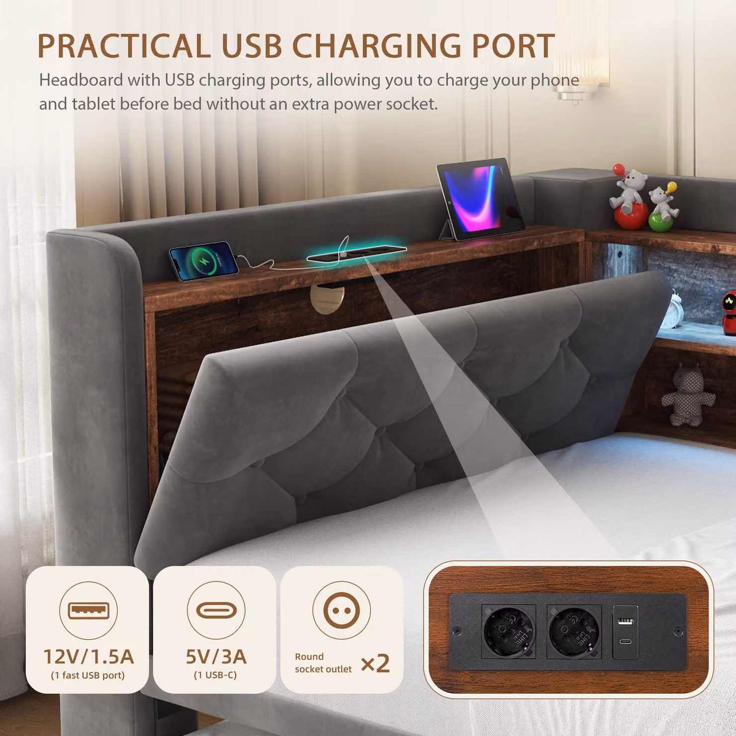 Aosom UK Dark Grey Velvet Pull-Out Sofa Bed Frame with Wooden Headboard Shelf, LED Lighting and USB Charging, W/D/H: 211 x 91 x 84 cm – 5