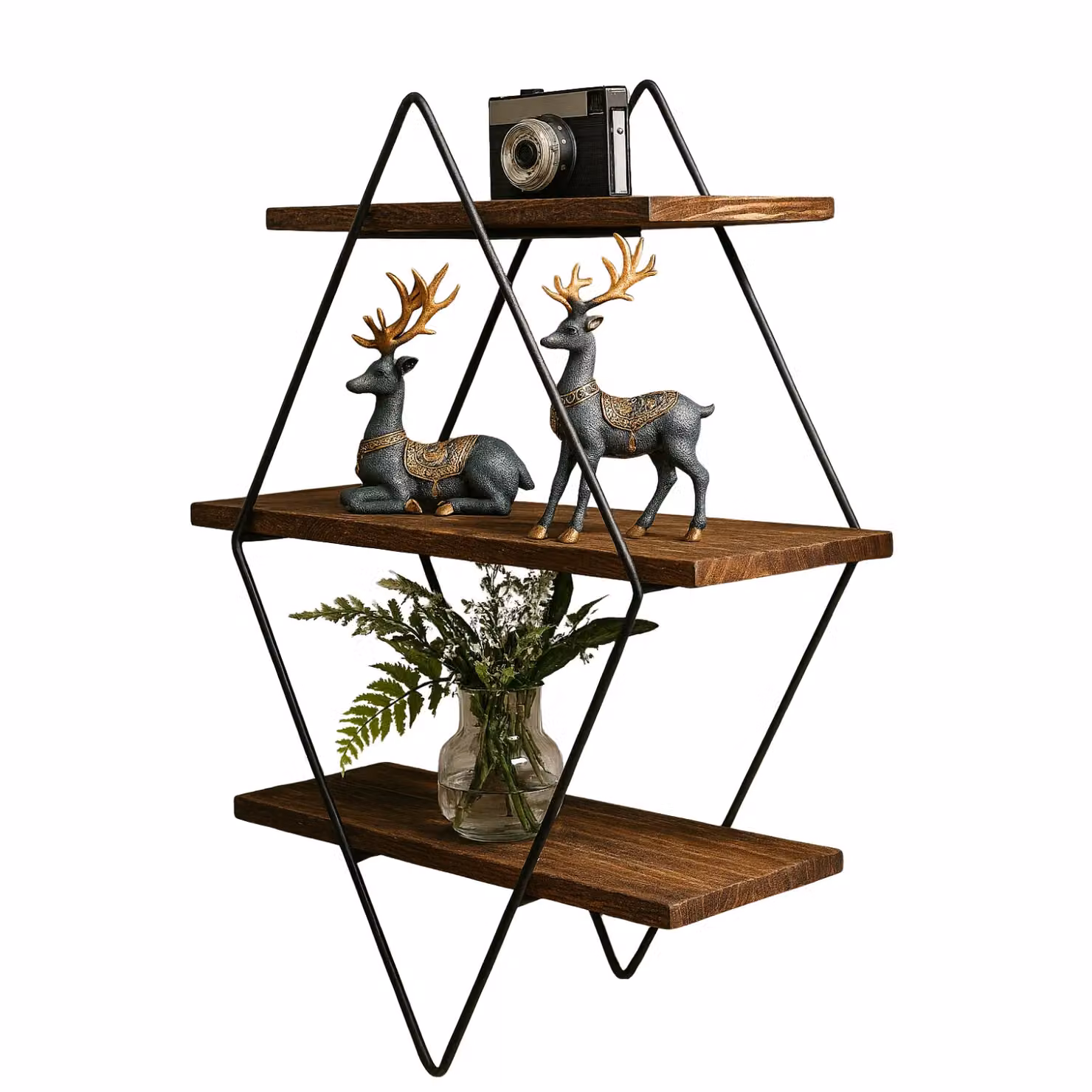 Rafaelo Mobilia Industrial 3 Tier Brown Wooden Diamond Shape Floating Wall Shelf – 6