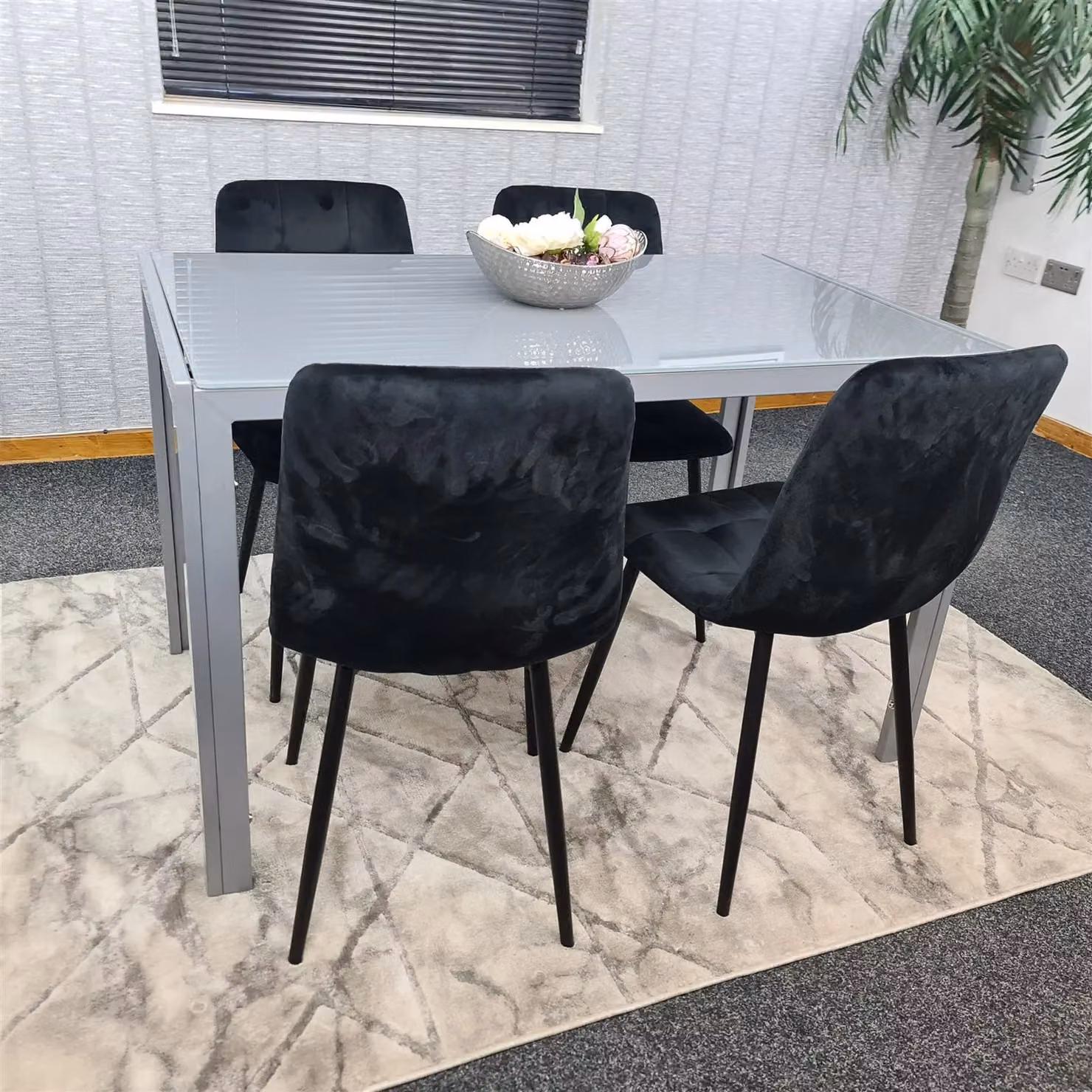 KOSY KOALA Modern Grey Glass Rectangular Dining Table with 4 Black Velvet Chairs and Brown Metal Legs – 2