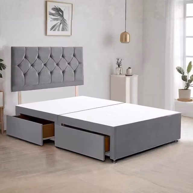 Bed Time UK Ziggy Plush Velvet Divan Bed Frame with 2 Drawers and 20 inch Headboard in Grey, W/D/H: 90 x 190 cm – 1