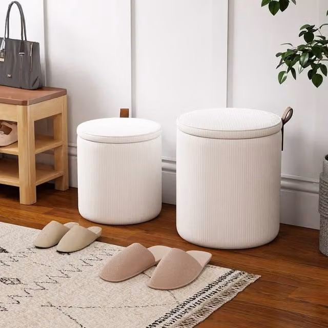Costway Set of 2 Modern Round Upholstered Vanity Stools with Removable Lids in Beige – 1