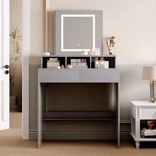 MCC Direct Tulsa Dressing Table with Hollywood LED Mirror and Drawers, Grey – 1
