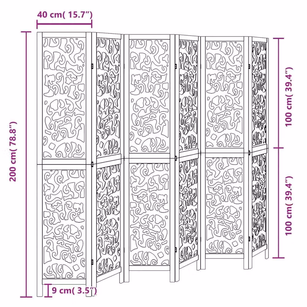 Berkfield Home 6-Panel Room Divider in Black Solid Paulownia Wood, H 215 cm x W 200 cm x D 1.6 cm – 8