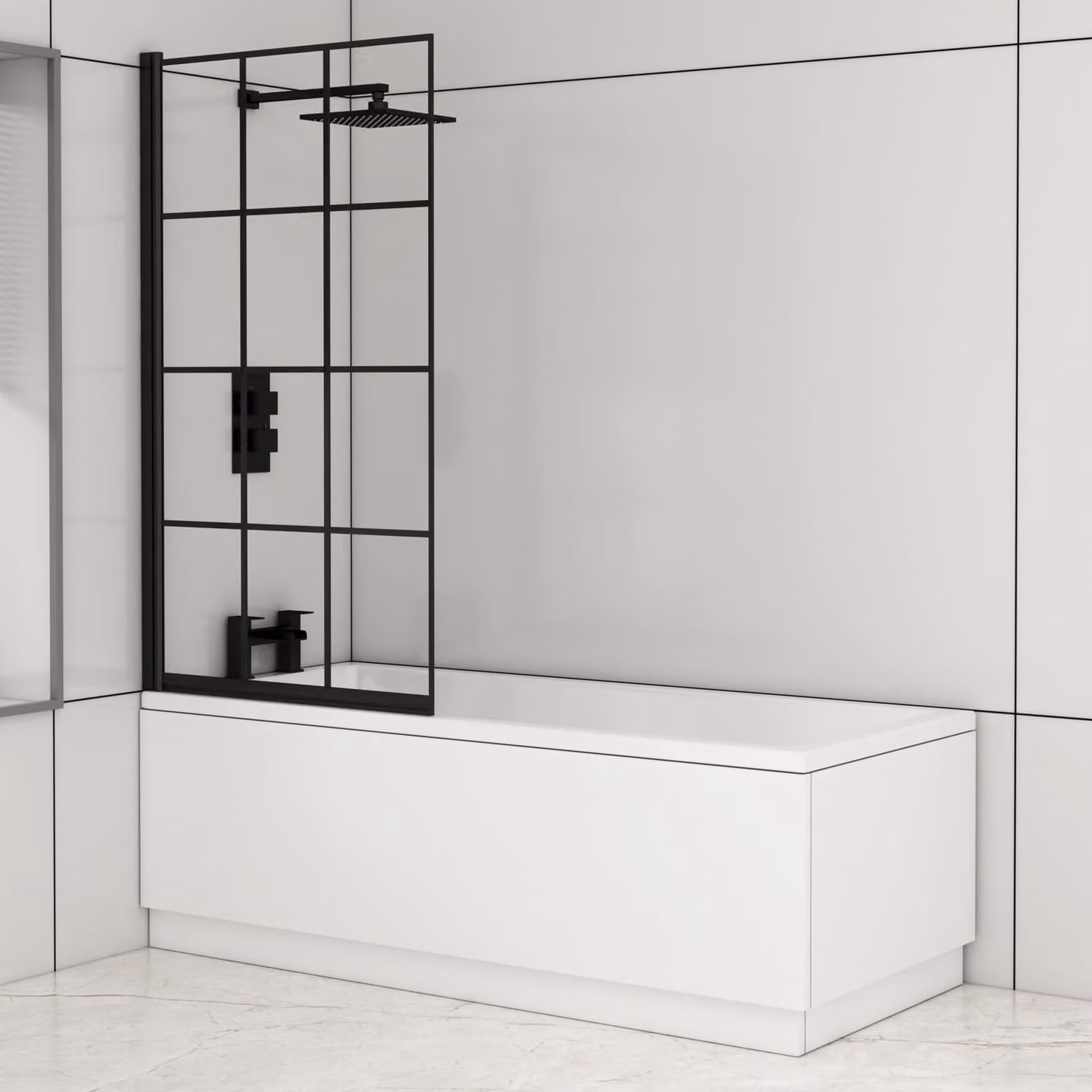 Royal Bathrooms Cesar Square Single Ended Acrylic Shower Bath in White with Black Square Grid Screen, W/D/H: 170 x 75 x 44 cm