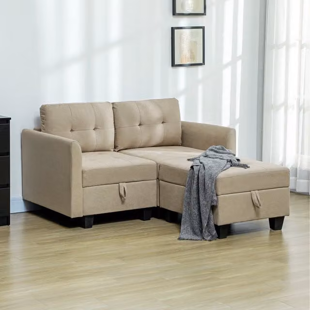 HOMCOM Modular L-Shape Sectional Sofa with Storage and Matching Ottoman, Reversible Fabric Upholstery, Light Brown