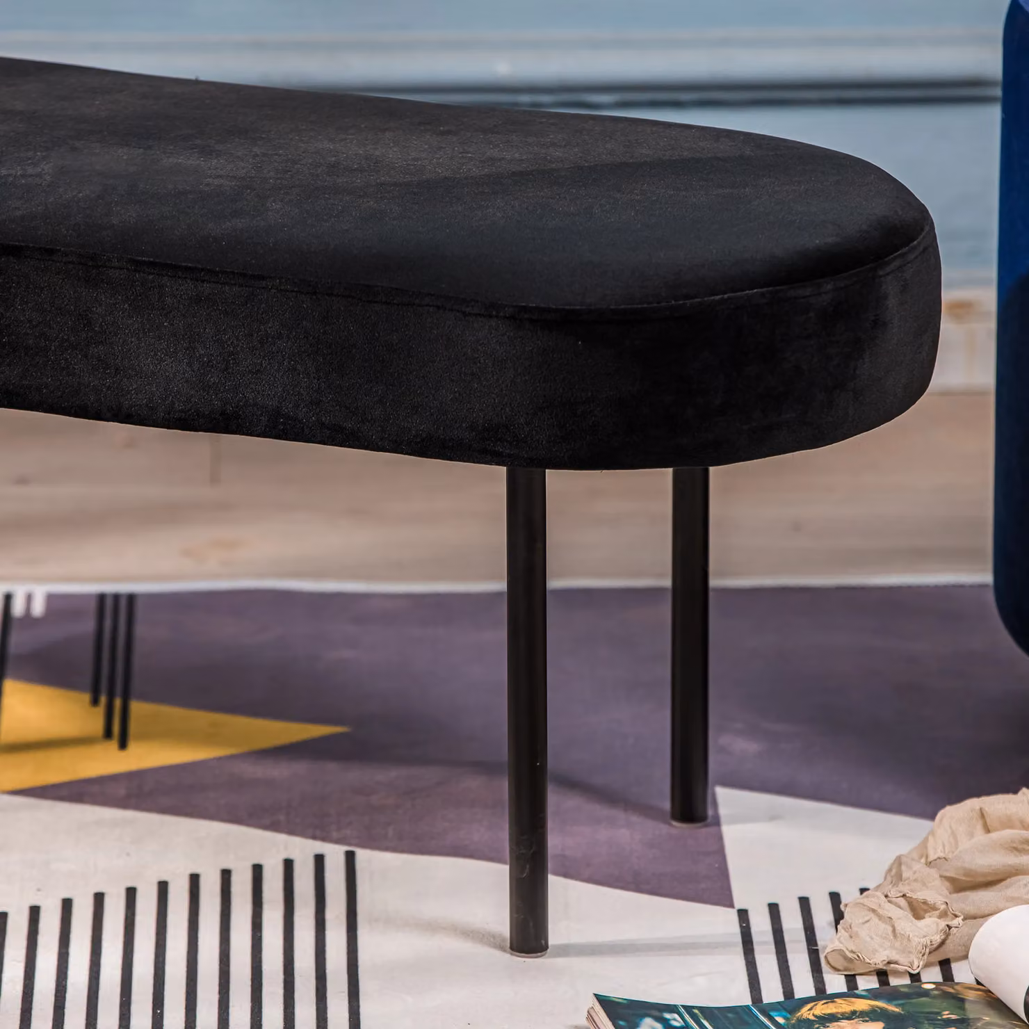 Nordlys Scandinavian Design Bench with Beige Upholstered Frame and Black Metal Legs – 4