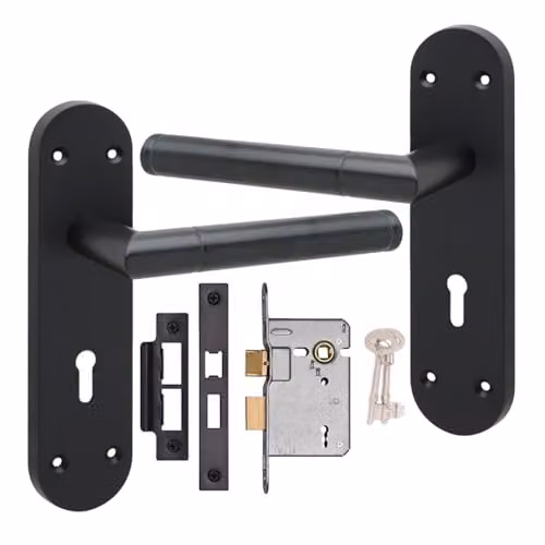Golden Grace Mitred Door Handle Set with Long Rounded Backplate in Matt Black