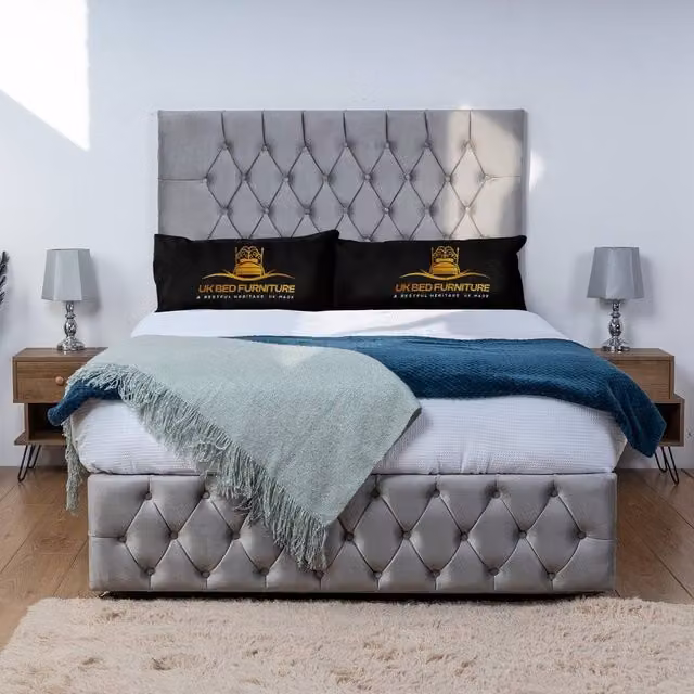 UK Bed Furniture Monaco Divan Bed Base with 26 Inch Headboard in Grey, Double, W: 140 cm, D: 200 cm