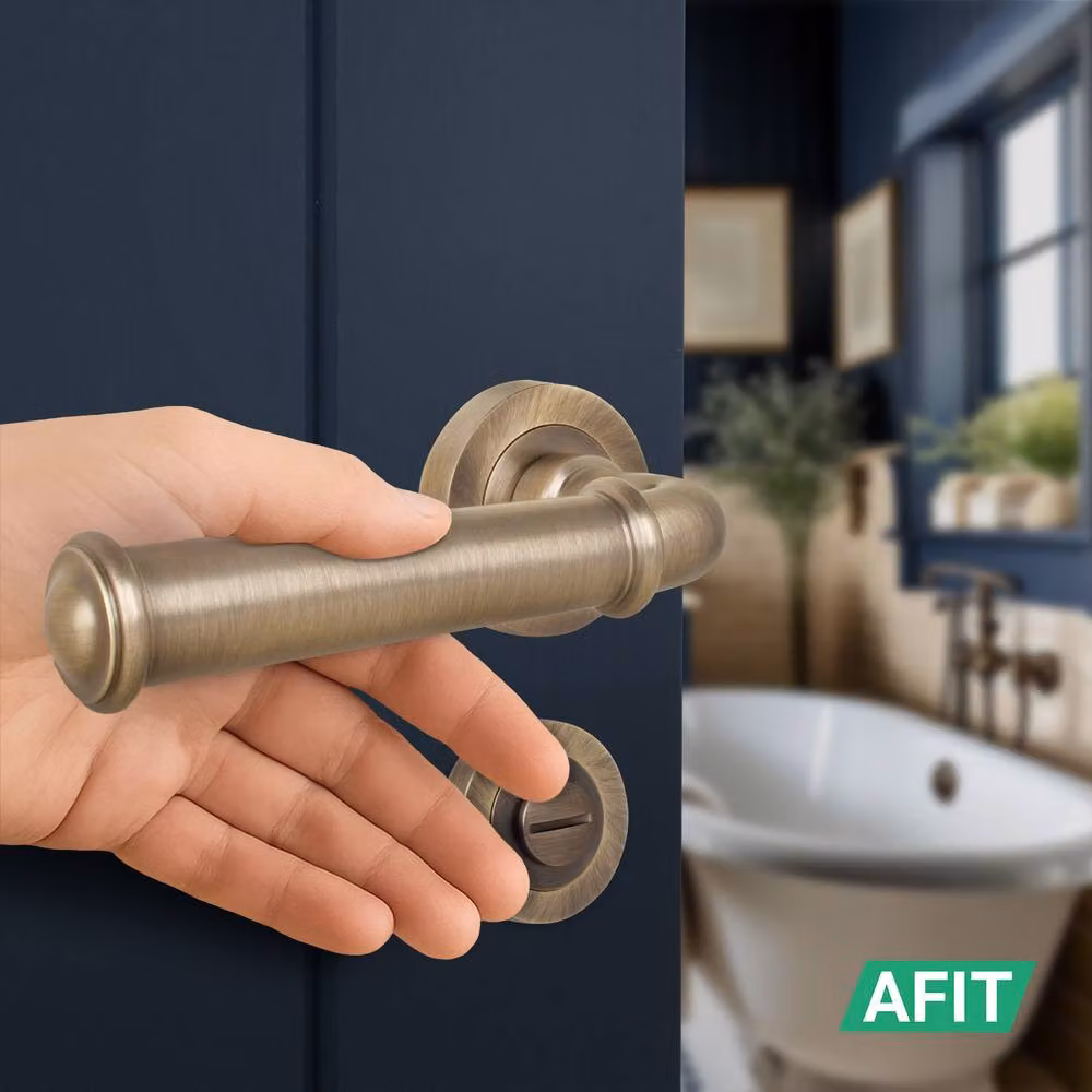 AFIT Antique Brass Bathroom Door Handle Set with WC Lock and Hinges in Bronze – 5