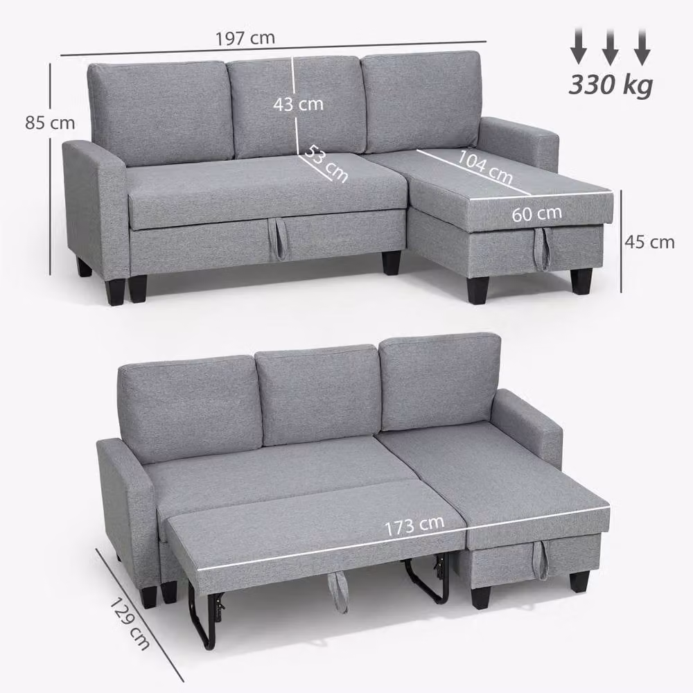 Wyld Haus Fima 3 Seater Fabric Sofa Bed in Grey with Reversible Chaise and Storage, W/D/H: 197 x 129 x 85 cm – 3