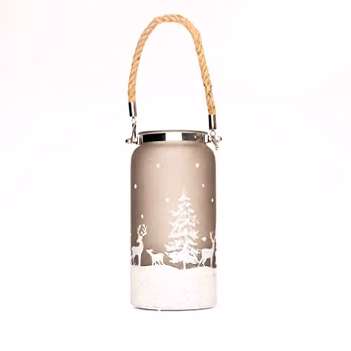 Shatchi Silver Winter Forest Scene Glass Jar Table Lamp with LED Fairy Lights, H 23 cm – 2