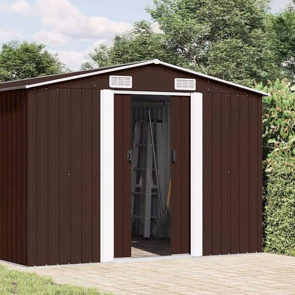 Berkfield Brown Metal Garden Shed with Sliding Gable Doors, W: 257 cm, D: 489 cm, H: 181 cm – 3