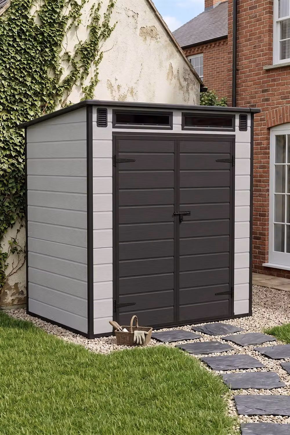 Living and Home Grey Pent Roof Outdoor Garden Tool Storage Shed with Double Doors – 2