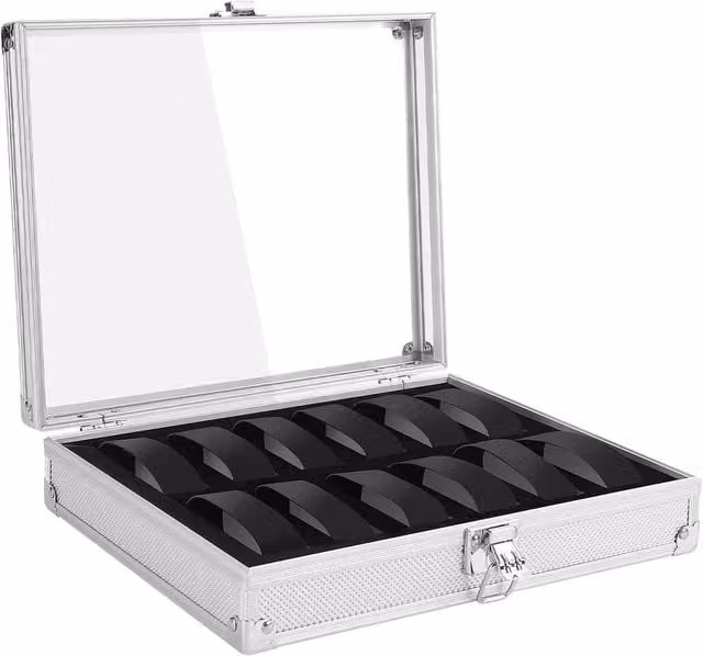 Kelvenix Silver Transparent 12 Slot Aluminium Wristwatch and Jewellery Display Storage Box, W/D/H: 26.0 x 21.0 x 6.0 cm