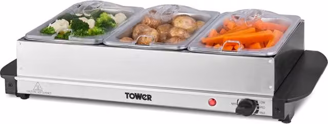 Tower Silver Stainless Steel Keep Warm Buffet Server, 3 x 1.5 l