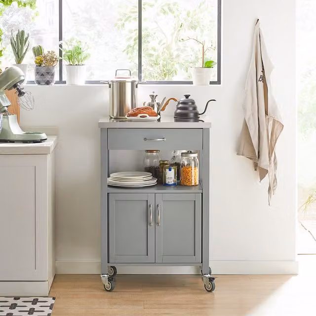 SoBuy Modern Kitchen Storage Cabinet Trolley with Hinged Doors and Drawers, Grey, W/D/H: 60 x 44 x 92 cm