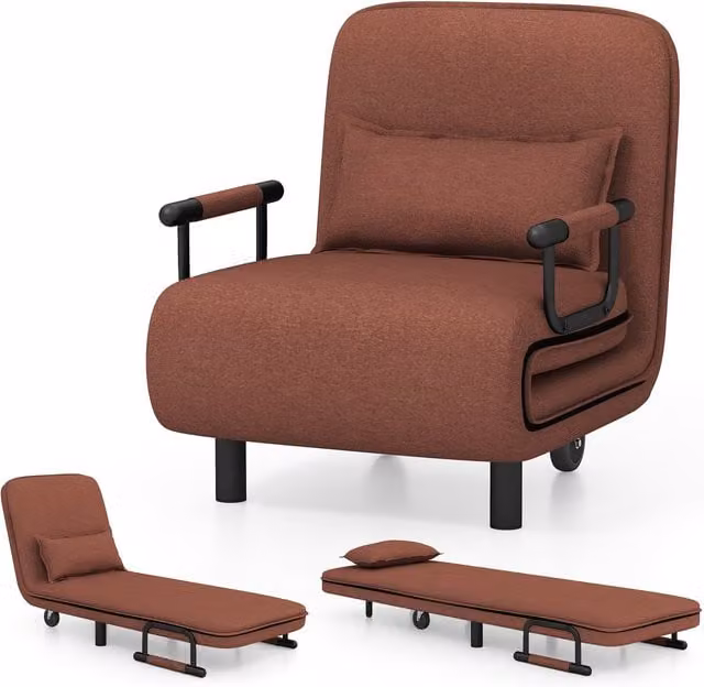 Costway Single Folding Sofa Bed Chair in Brown with Armrests and Metal Frame