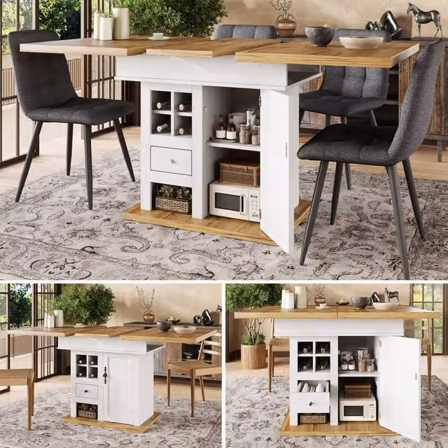 ModernLuxe Extendable Rectangular Dining Table in White with Wine Rack and Drawers for 4-6 Adults