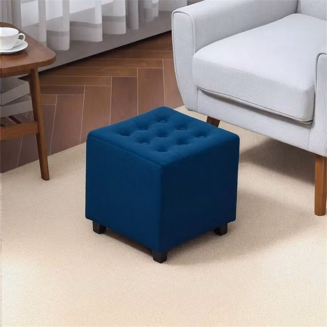 EONLION Blue Velvet Square Cube Ottoman Footstool with Wood Frame, W/D/H: 35 x 35 x 35 cm