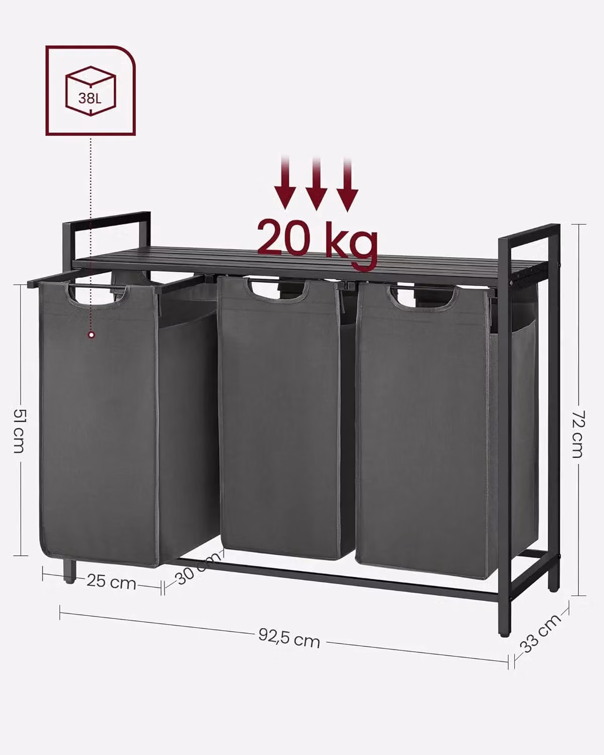 VASAGLE 3 Compartment Laundry Basket with Shelf and Metal Frame in Grey – 2