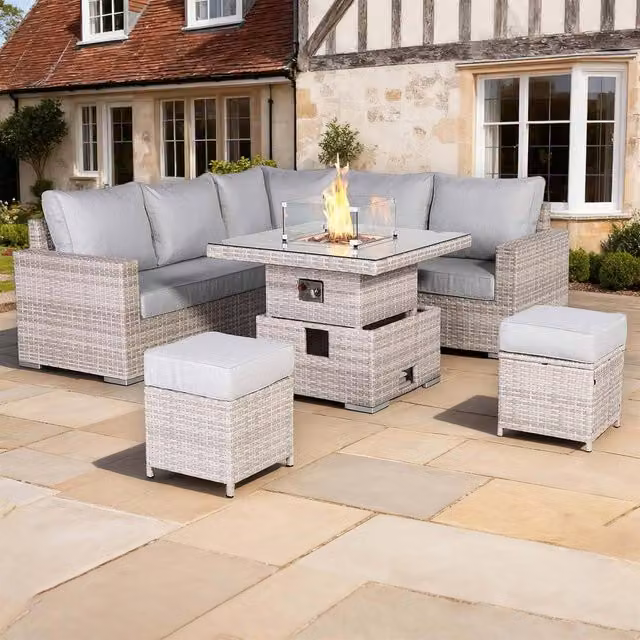 Furnishings For Less UK Rattan Corner Garden Sofa Set with Rising Fire Pit Table in Grey, W/D/H: 215 x 215 x 75 cm – 1