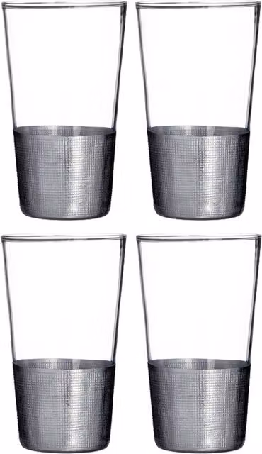 Orsina Set of 4 Crystal Ribbed Highball Glasses, 370ml, Silver and Transparent