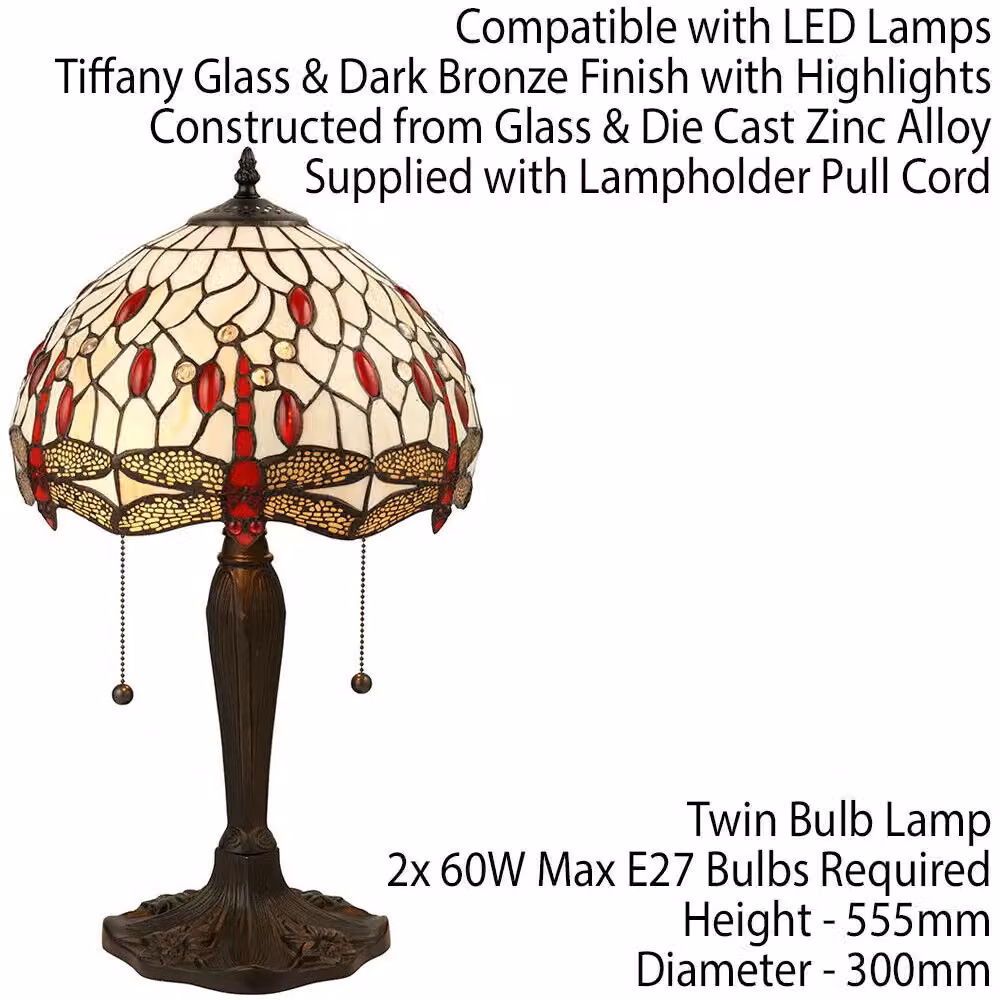 Loops Tiffany Glass Table Lamp with Red Dragonfly Shade in Dark Bronze and Multicolour – 2