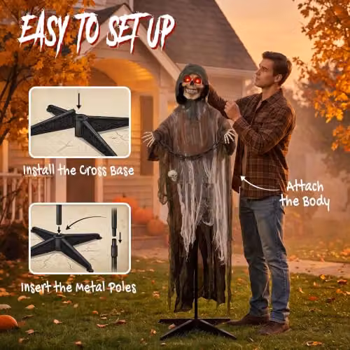 HOMCOM Black Animated Halloween Grim Reaper Life Size Decor, Height: 170 cm – 5