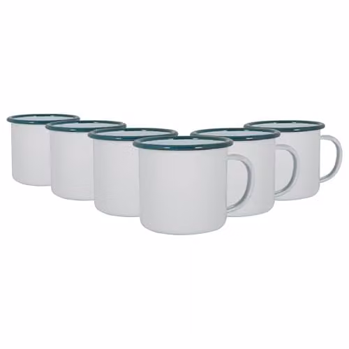Argon Tableware White Enamel Mugs, Green, Set of 6, 375ml – 1