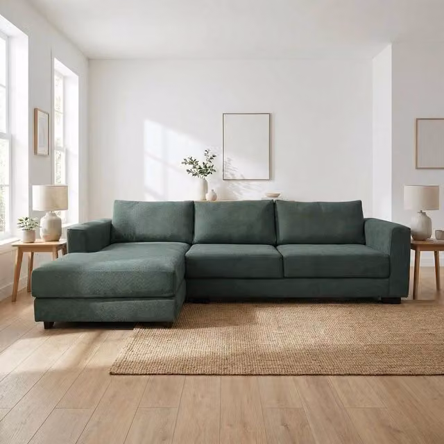 Abakus Direct Kaizer L-Shaped Corner Sofa in Green Boucle Fabric, Left Facing