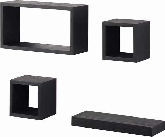 Latitude Set of 4 Modern Matt Black Floating Wall Mounted Wood Shelves