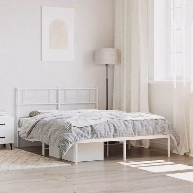 Berkfield Home Metal Bed Frame with Headboard in White, W/D/H: 150 x 200 cm