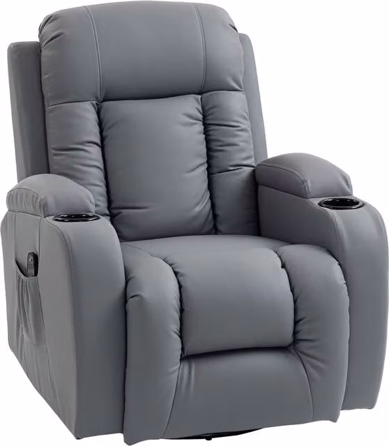 HOMCOM Grey PU Leather Massage Recliner Armchair with Swivel and Manual Lever Function – 1