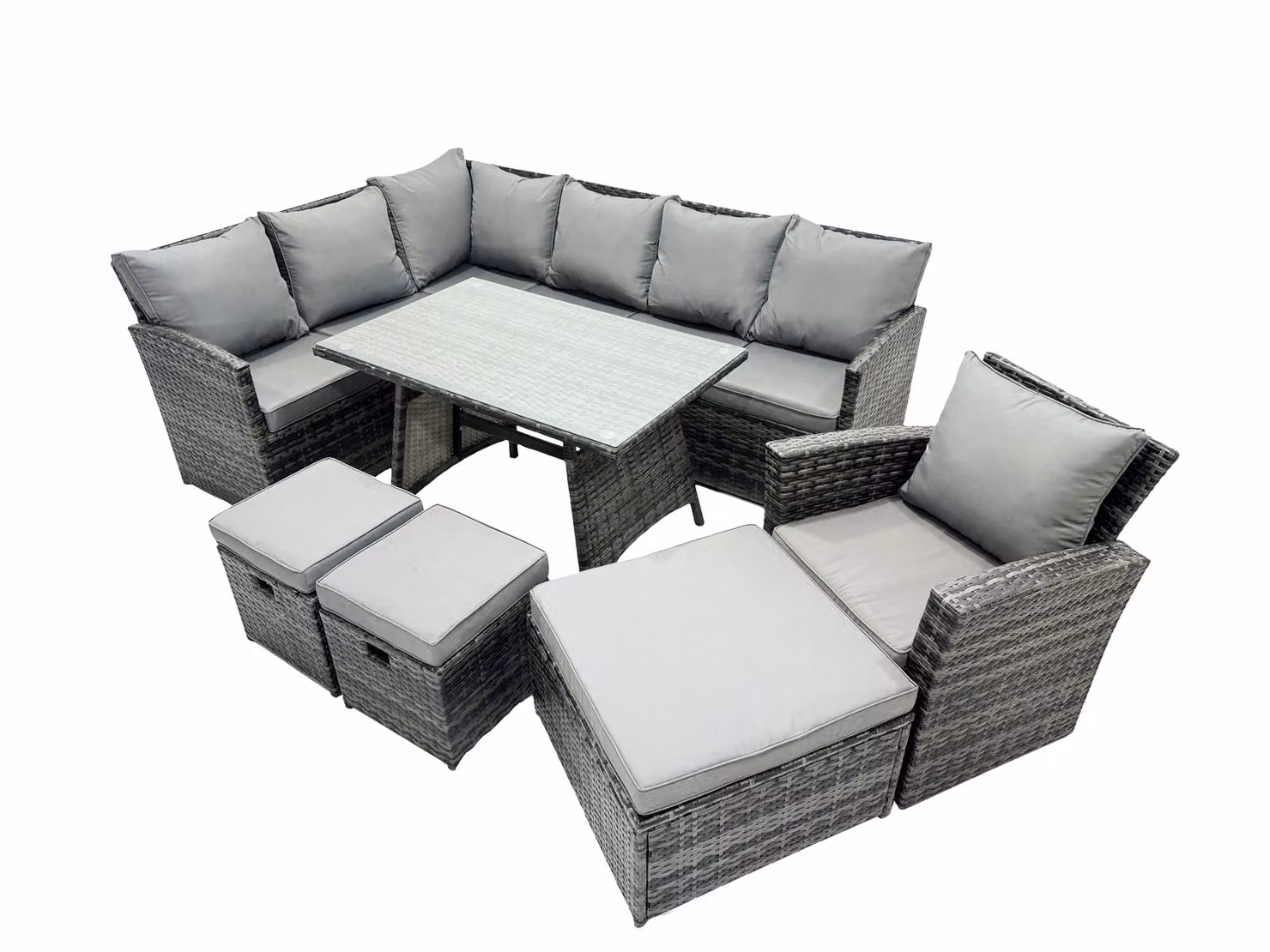 Fimous 10 Seat Patio Oblong Dining Table Corner Sofa Set with 3 Stool Chairs in Dark Grey – 2