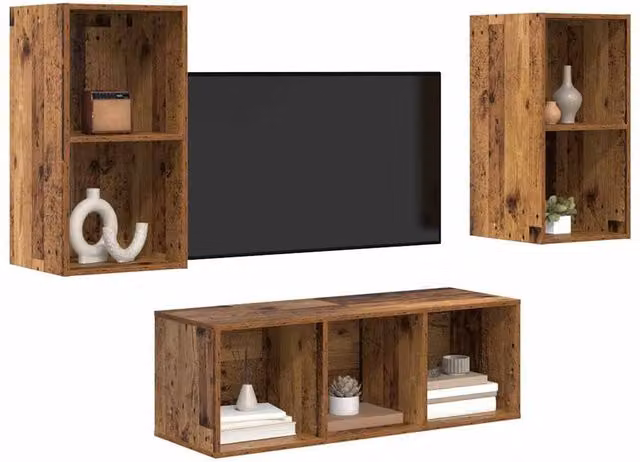 Berkfield Home 3-Piece TV Cabinet Set in Brown Old Wood, W/D/H: 37 x 37 x 107 cm – 1