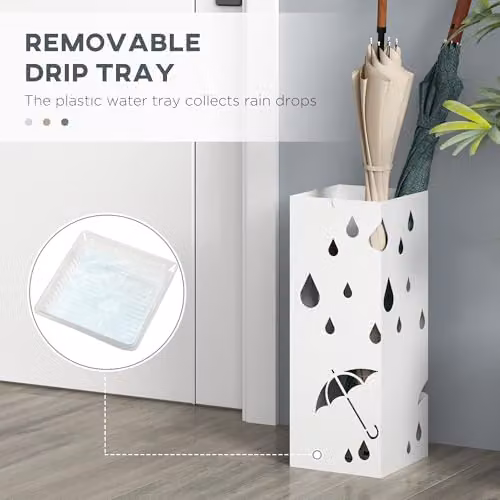 HOMCOM Metal Umbrella Stand with 4 Hooks and Removable Drip Tray, White – 4