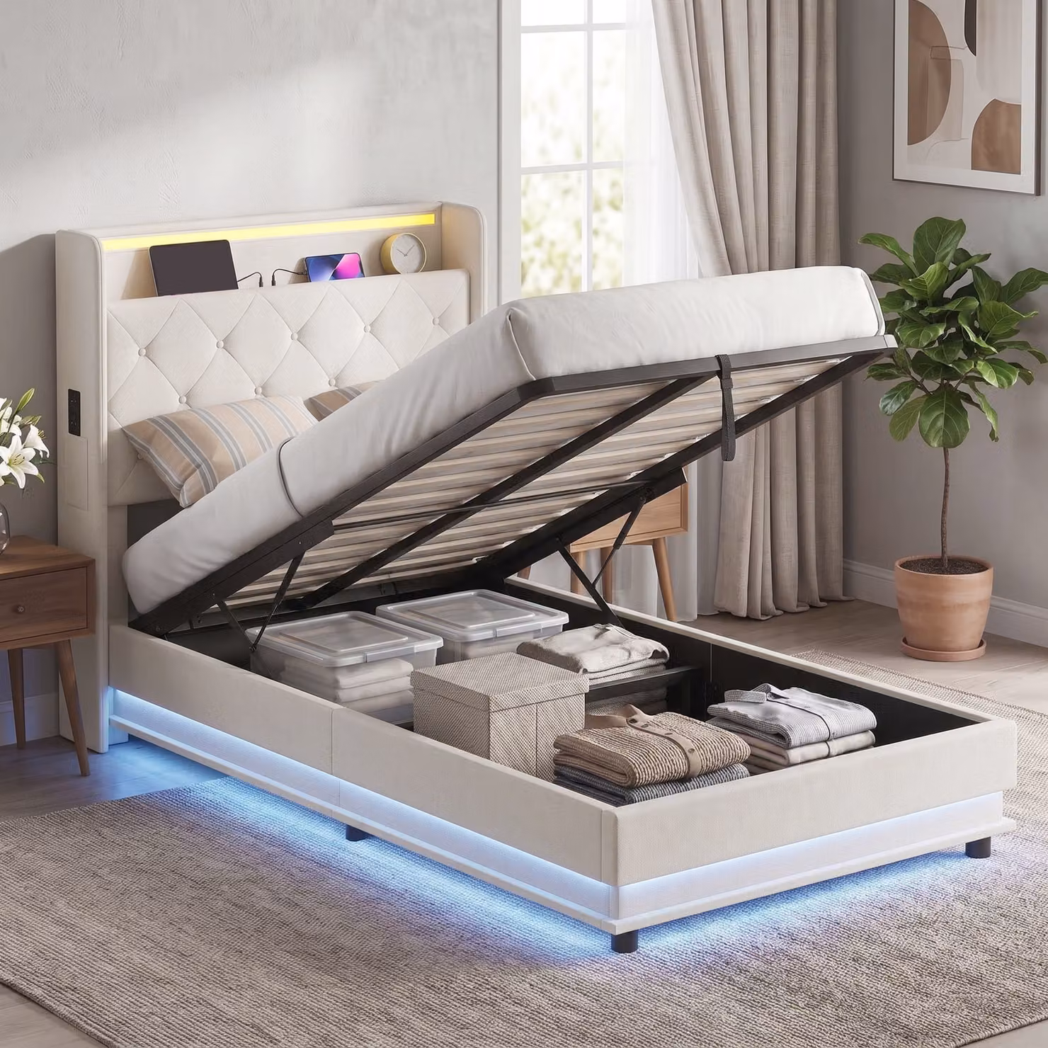 HOMCOM Single Bed Frame with Headboard, Hydraulic Storage, LED Lights and USB Charging Station, White, 90 x 190 cm – 2