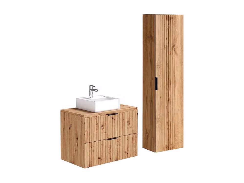 Vente-unique Striated Wall-Mounted Bathroom Vanity Unit and Tall Cabinet with Countertop Basin in Light Oak and White, W/D/H: 80 x 46 x 57 cm – 2