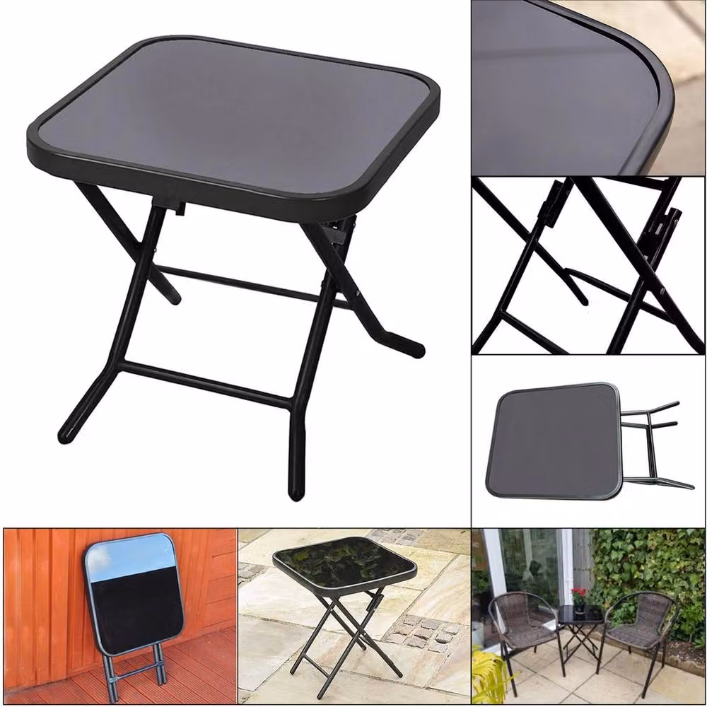 SPETLEK Folding Side Table with Black Glass Top and Metal Frame – 4